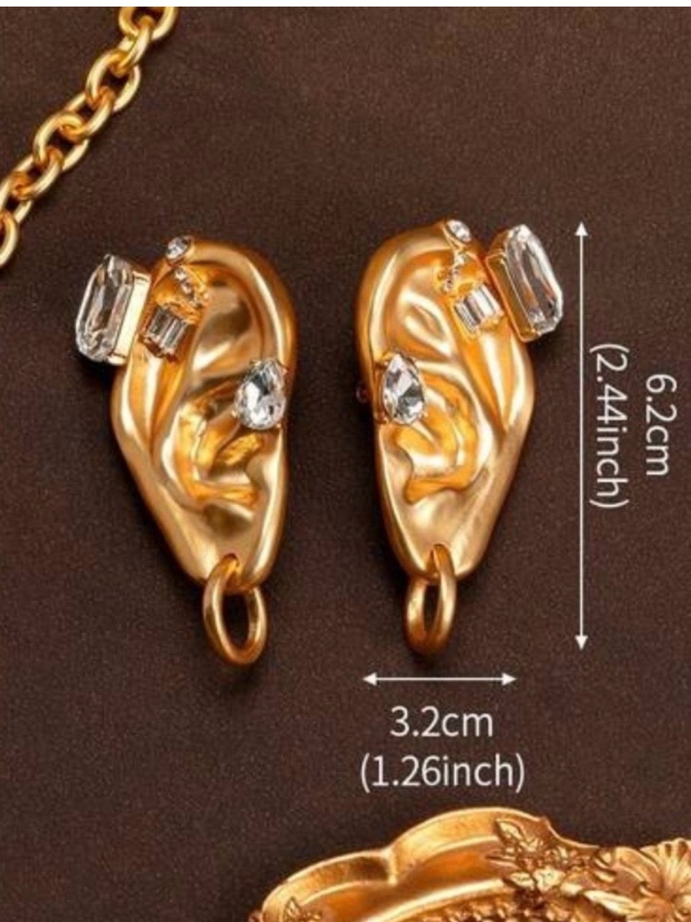Schiaparelli Inspired Gold Ear-Shaped Crystal Statement Earrings - Picture 2 of 3